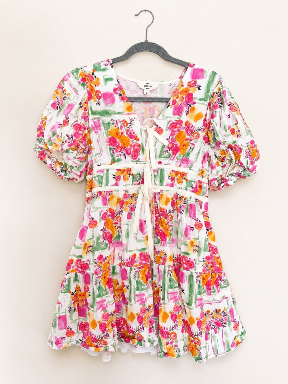 Entro Floral Tie Front Mini Dress Boutique Babydoll Dress Large